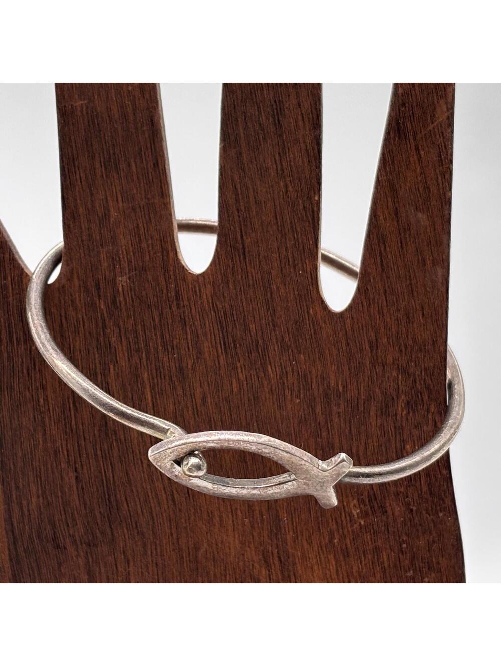 Vintage Fish 925 Sterling Silver Pressure Hook Clasp Bangle Stackable Bracelet